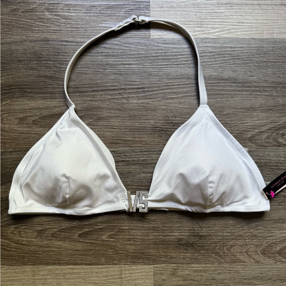 Victoria's Secret Bikini VS Rhinestone Triangle White Halter Swimsuit Top XL NWT